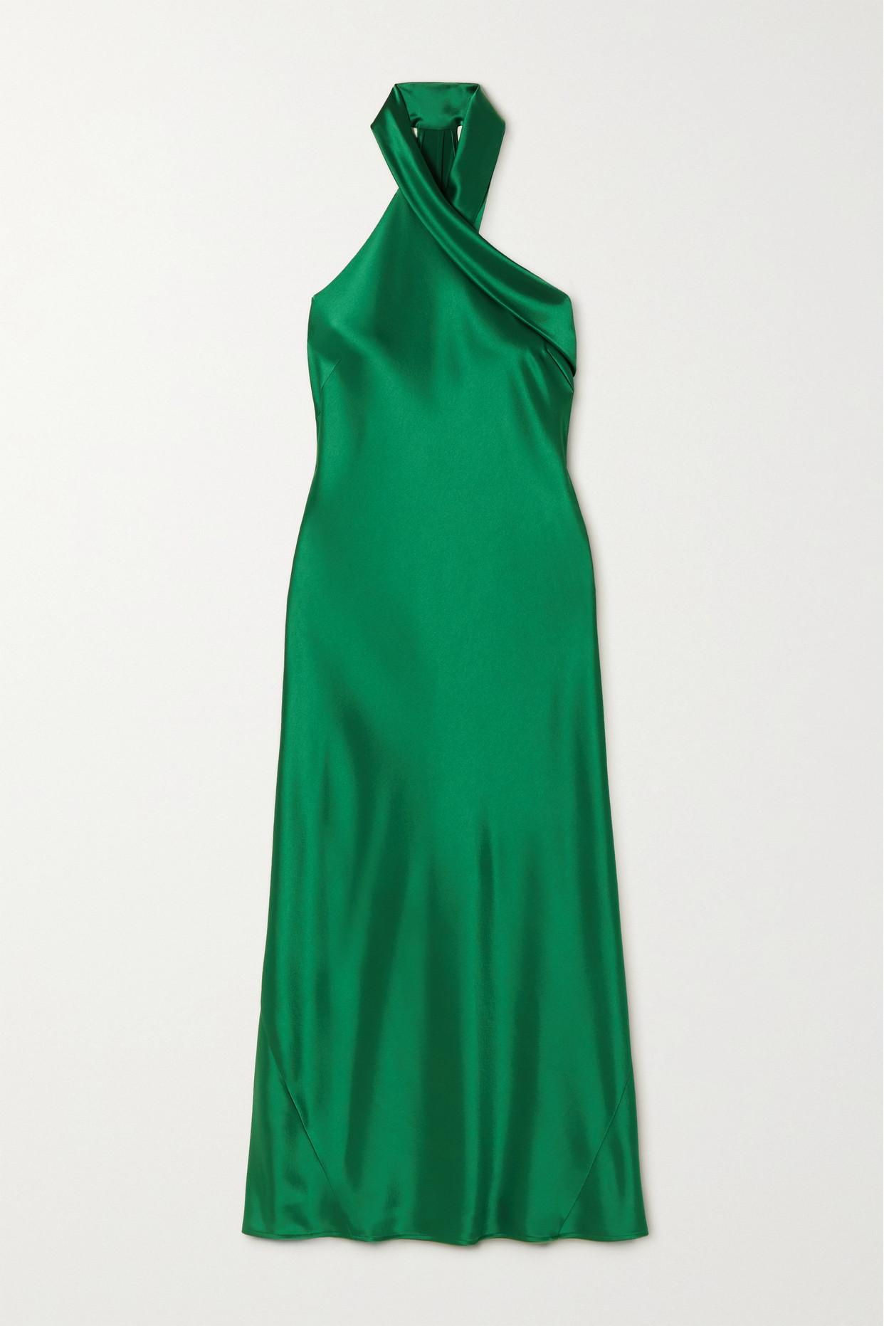 Galvan London Pandora Halterneck Satin Maxi Dress in Green Lyst UK