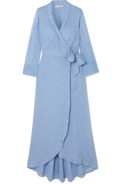 Ganni Printed Georgette Wrap Midi Dress in Light Blue (Blue) - Lyst