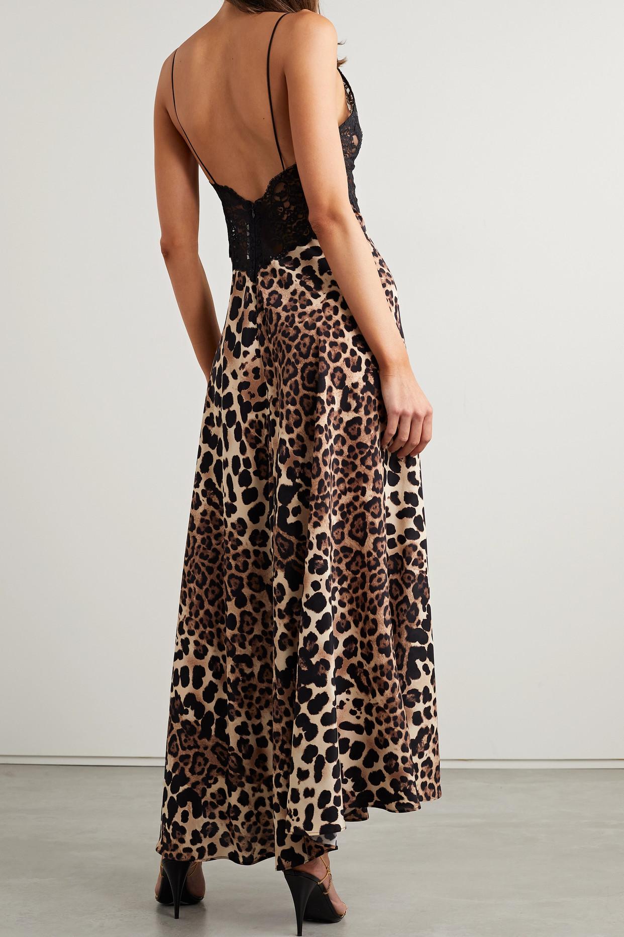 Lace trimmed Leopard print Silk Crepe De Chine Maxi Dress
