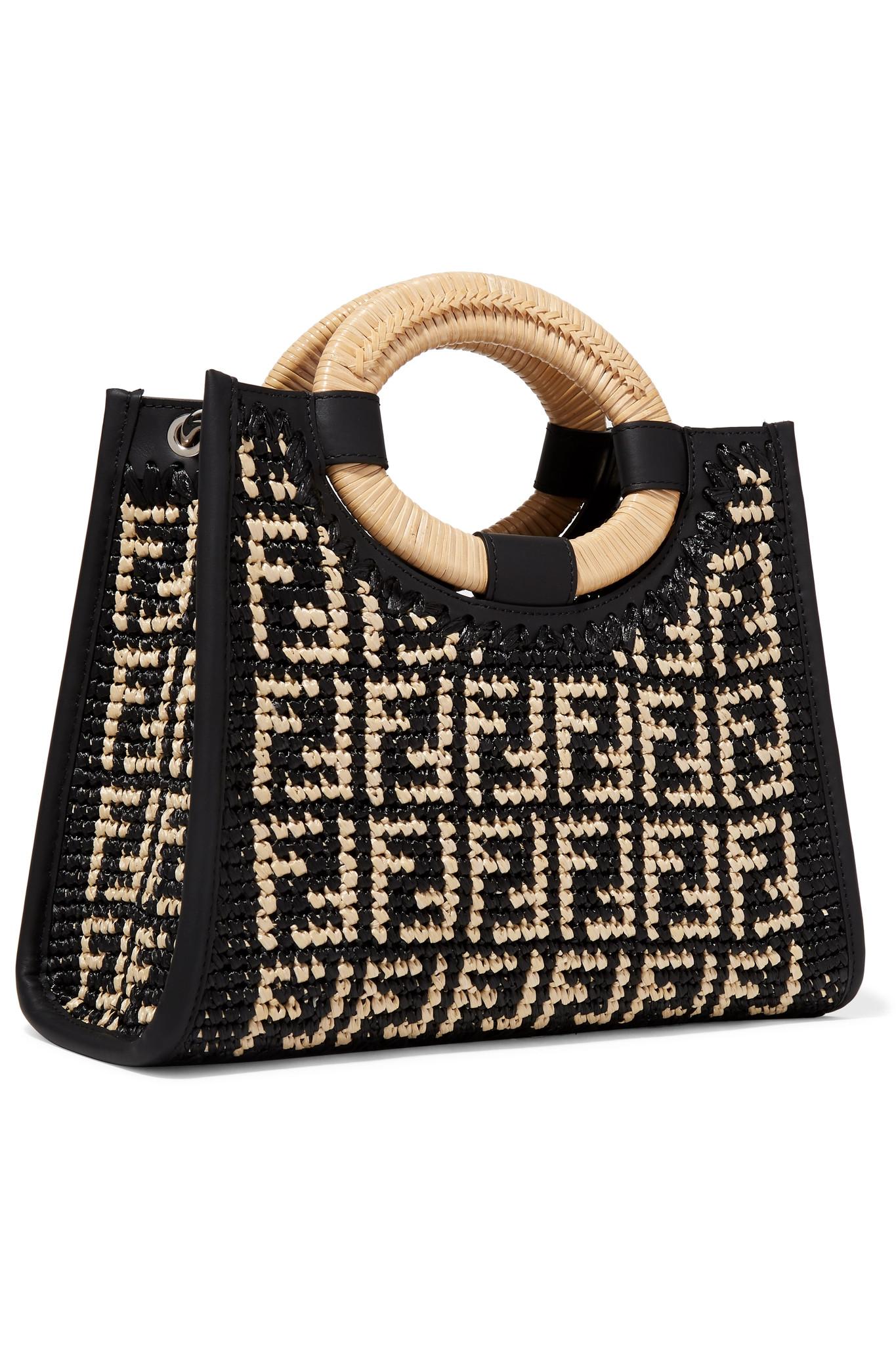 Fendi Runaway Small Leather-trimmed Woven Raffia Tote in Black Lyst