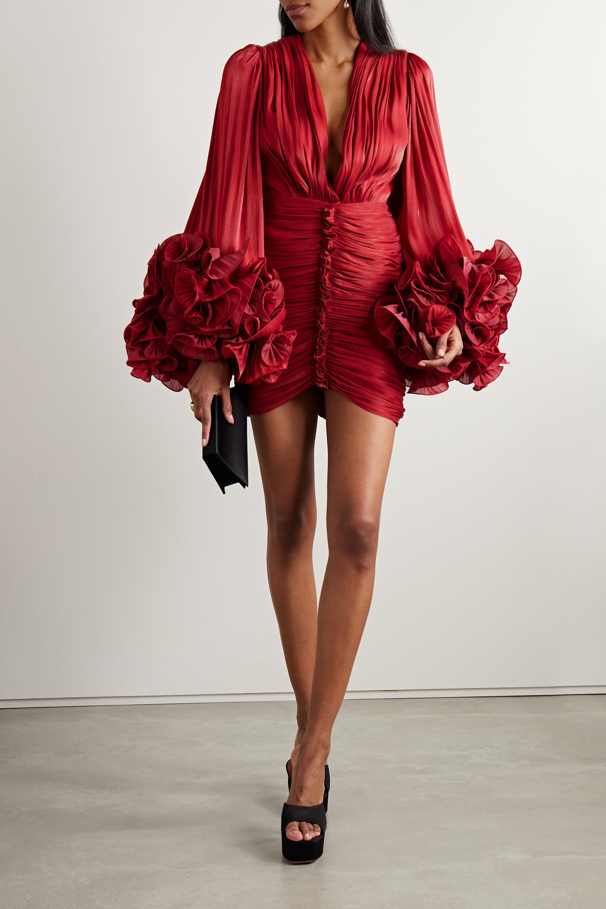 Costarellos Ruched Ruffled Metallic Georgette Mini Dress in Red Lyst