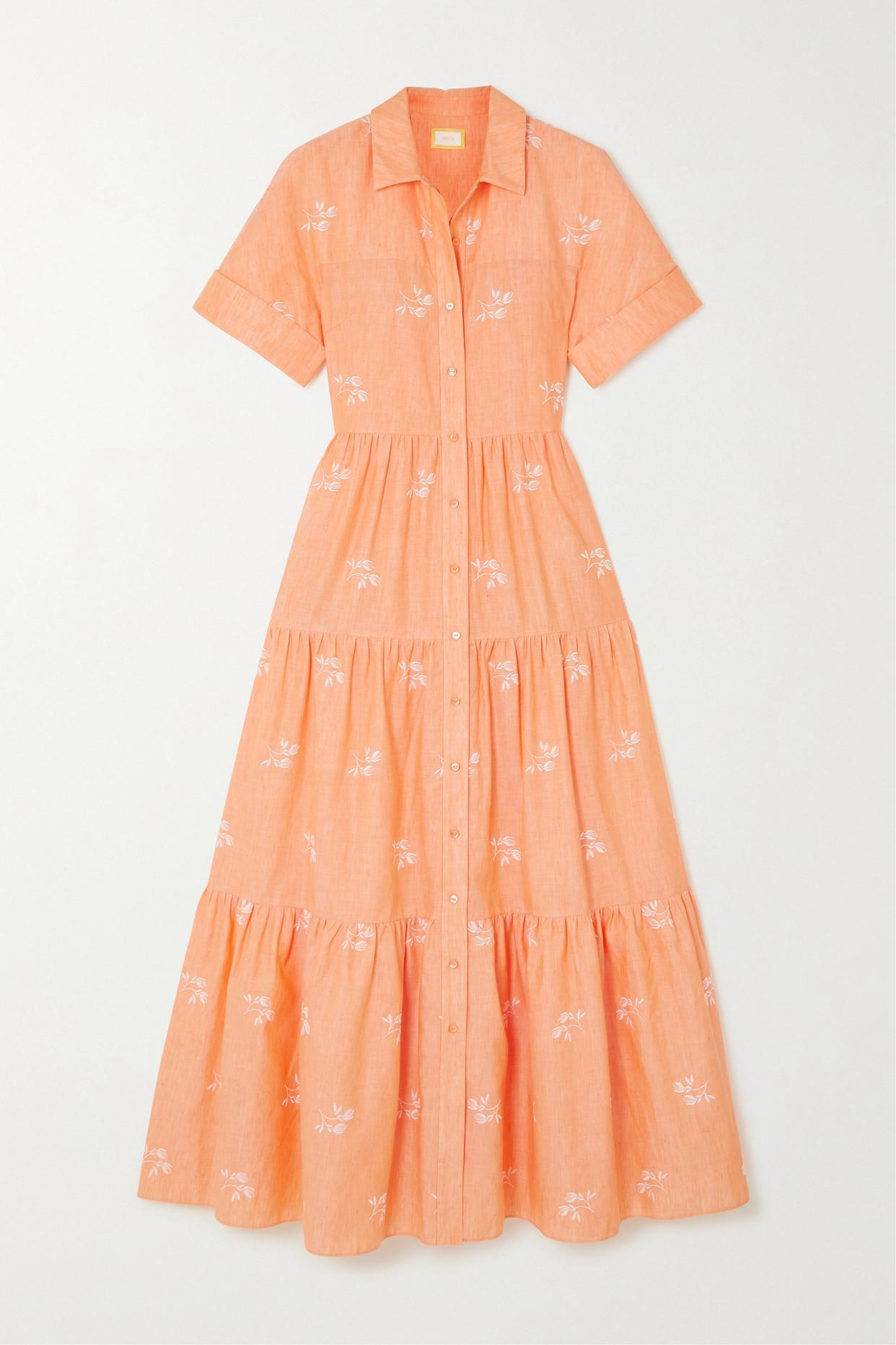 Erdem Helena Oversized Tiered Embroidered Cotton-blend Gauze Maxi Shirt  Dress in Orange | Lyst