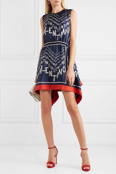 Valentino Asymmetric Printed Silk-twill Mini Dress in Blue | Lyst