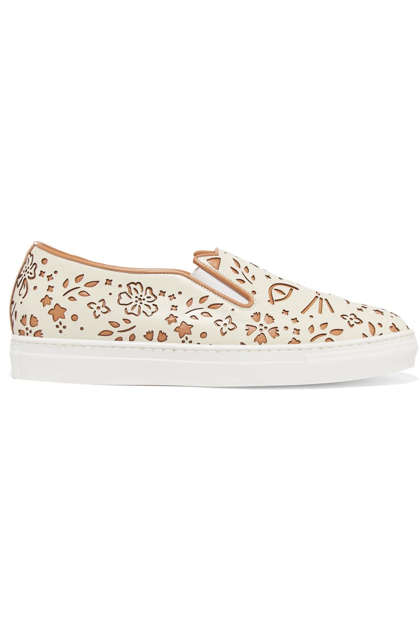 Good Quality Charlotte Olympia Cool Cats laser cut leather sneakers Cream tan Women Good Quality Charlotte Olympia Cool Cats laser cut leather sneakers Cream tan Women
