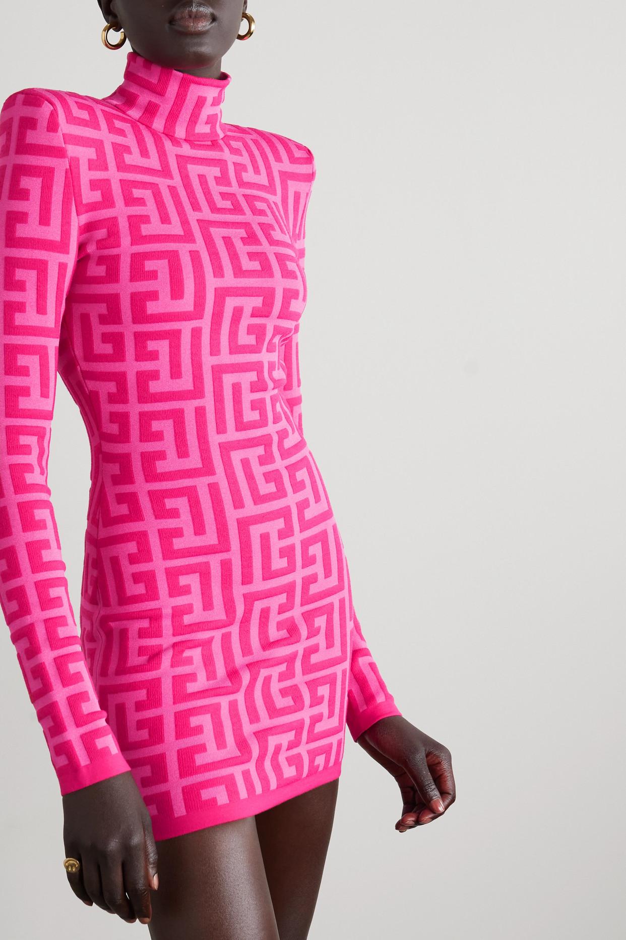 Balmain + Jacquard-knit Wool-blend Turtleneck Mini Dress in Pink Lyst
