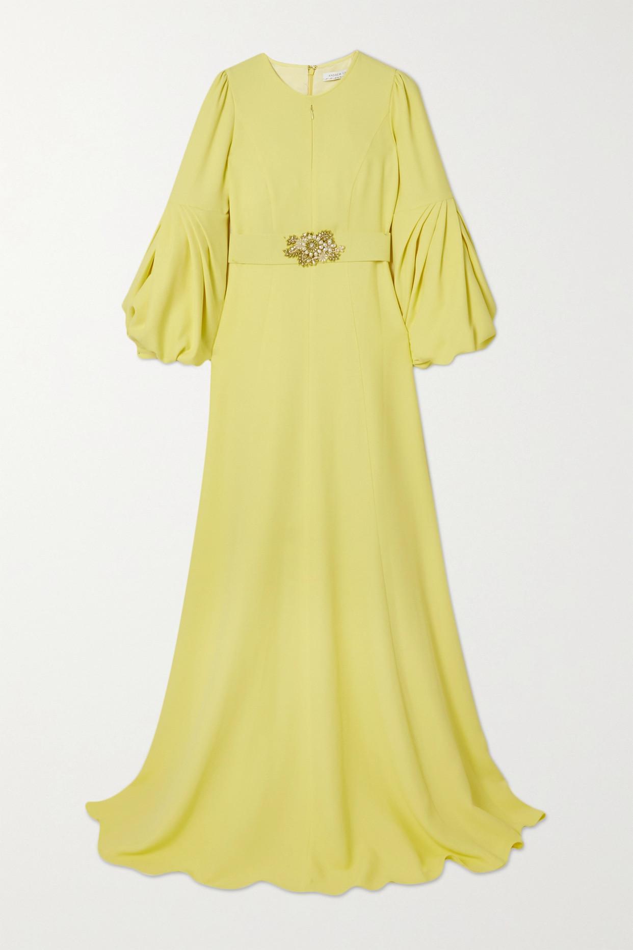 Andrew Gn Belted Crystal And Faux Pearl-embellished Crepe Gown in Yellow |  Lyst