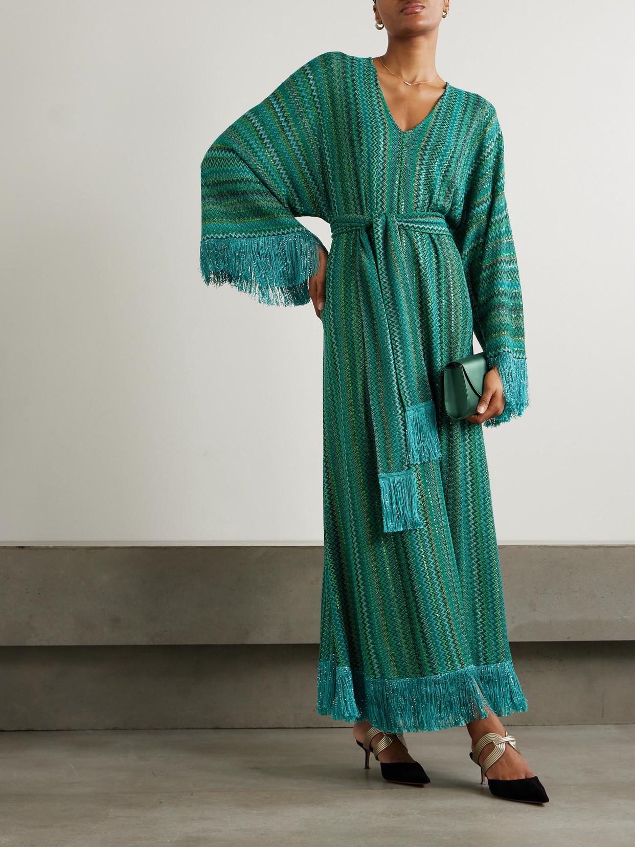 Missoni Frayed Sequined Striped Metallic Crochet-Knit Maxi Dress in Green |  Lyst