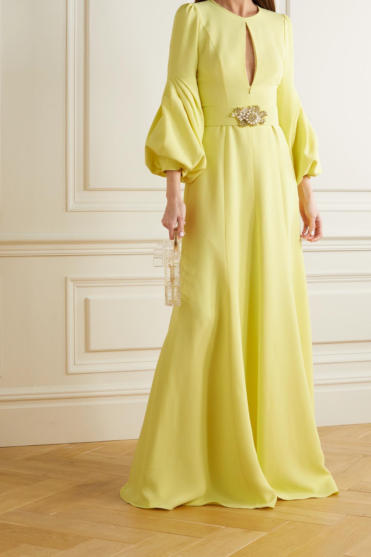 Andrew Gn Belted Crystal And Faux Pearl-embellished Crepe Gown in Yellow |  Lyst
