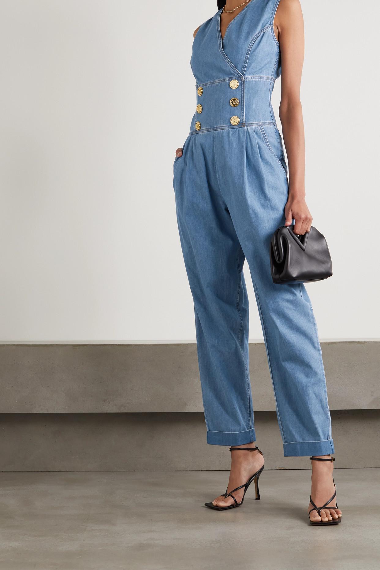 Balmain Button-embellished Denim Jumpsuit in Blue | Lyst