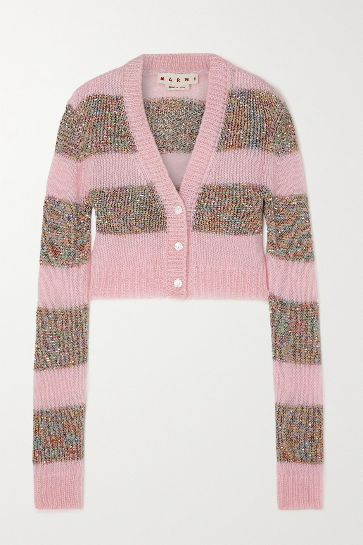 Marni Cropped Sequin-embellished Striped Knitted Cardigan in Pink | Lyst