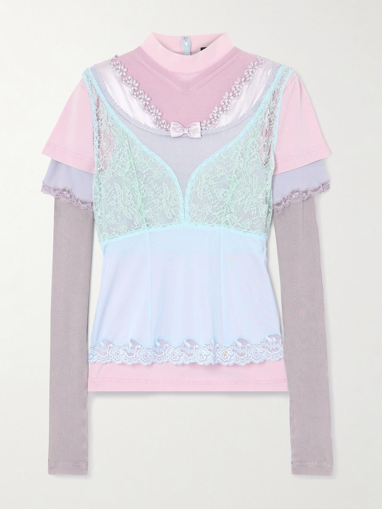 Balenciaga Bow-Detailed Layered Lace-Trimmed Satin And Jersey Top 