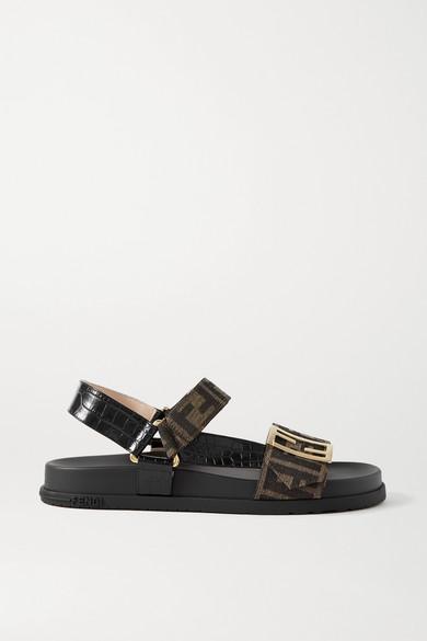 Fendi Logo-embellished Canvas And Croc-effect Leather Sandals in Black |  Lyst