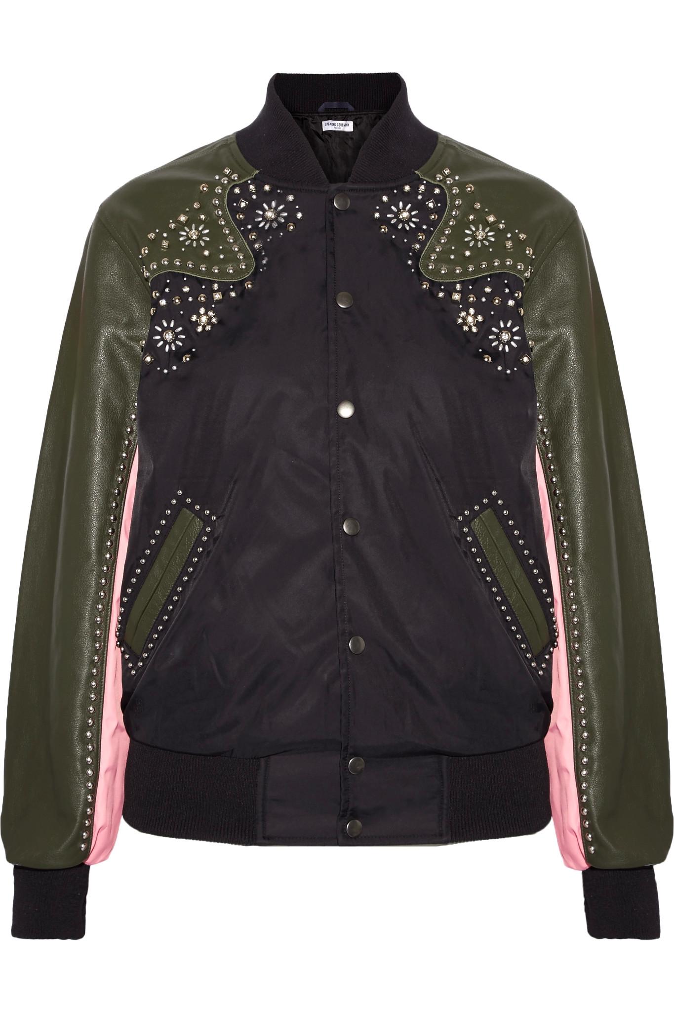 Opening ceremony Embellished Leathertrimmed Shell Bomber Jacket in