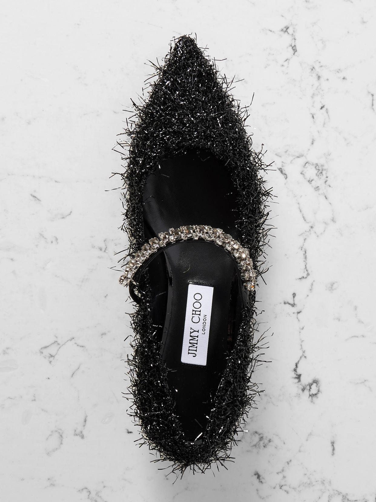 ゴージャス★Jimmy Choo BING スエード クリスタル装飾 BLACK Jimmy Choo - Bing Black Lace Crystal Strap Mule, 65mm