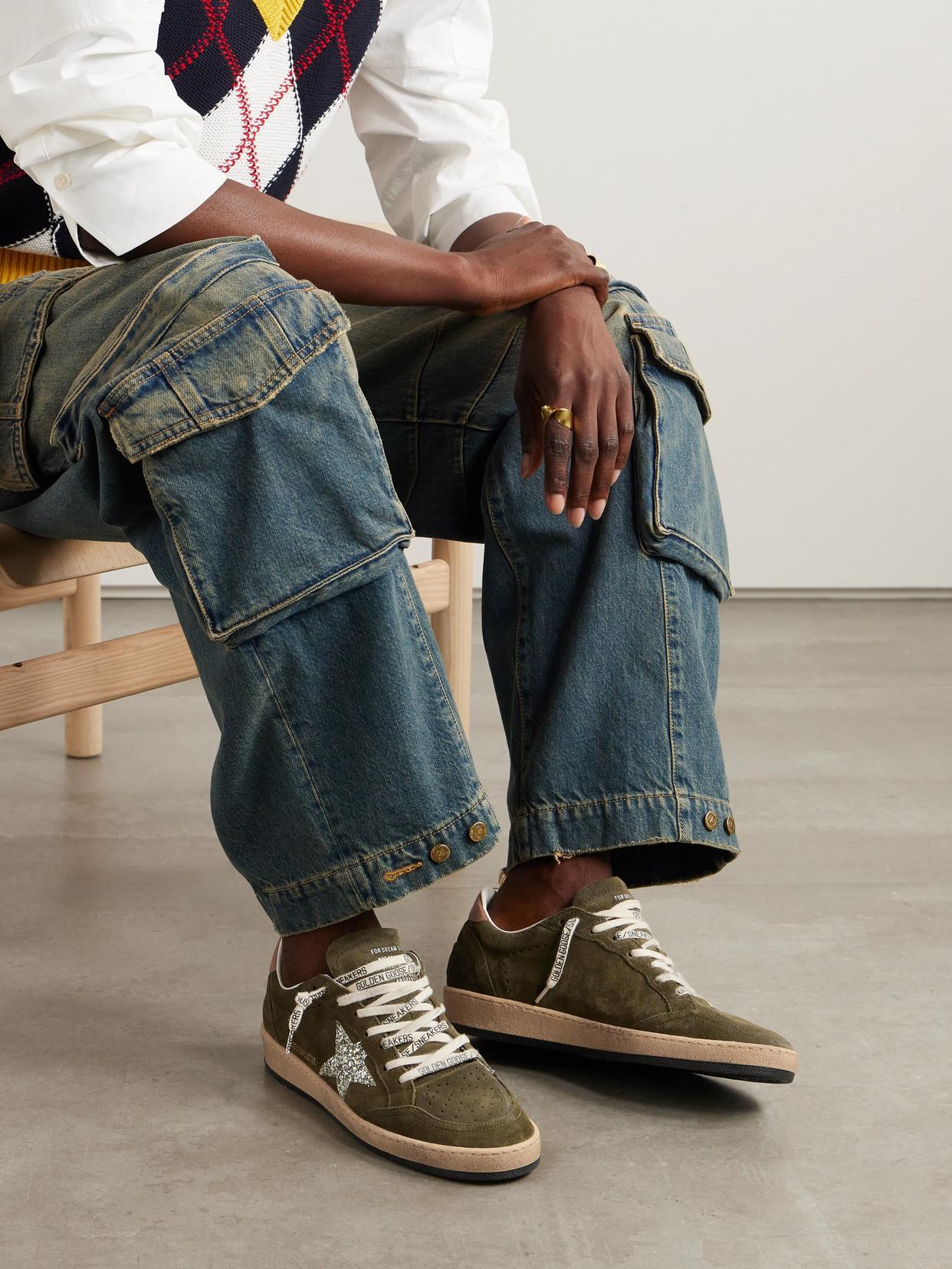 Golden Goose Ball Star Glittered Leather-Trimmed Suede Sneakers in