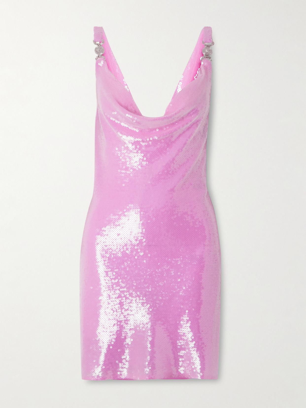 versace glitter dress Embellished Draped Sequined Silk-Chiffon Mini in Pink prom dresses glitter