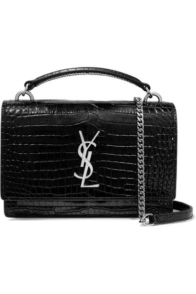 Saint Laurent Sunset Small Croc-effect Patent-leather Shoulder Bag in Black  | Lyst