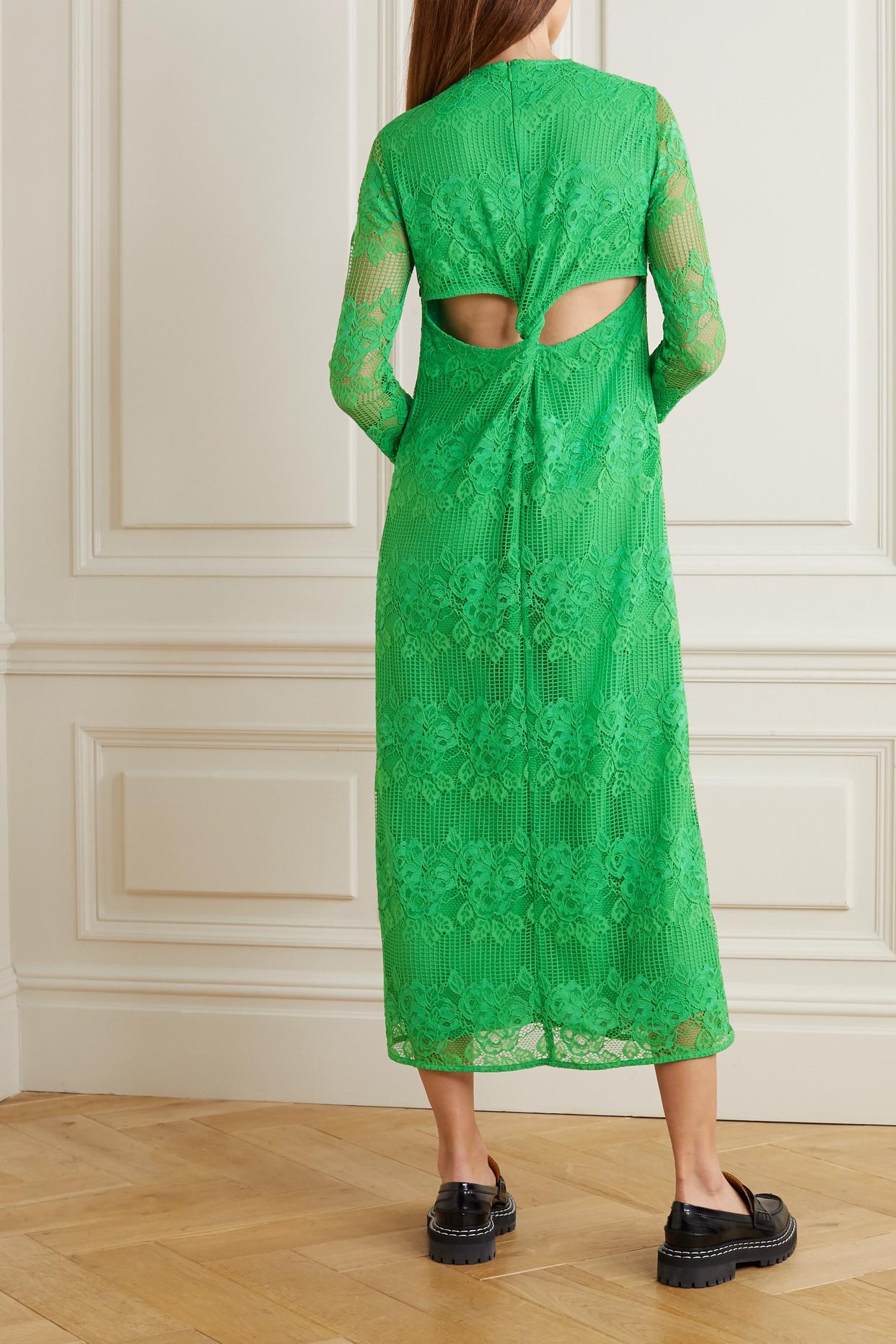 Ganni Cutout Twisted Lace Midi Dress in Green | Lyst