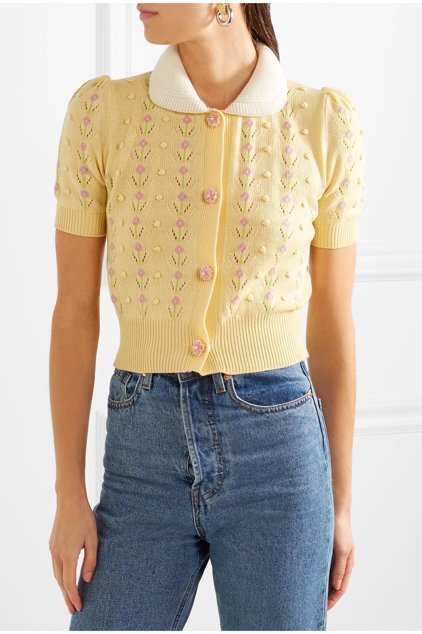 Miu Miu Pointelletrimmed Cashmere Cardigan in Pastel Yellow (Yellow