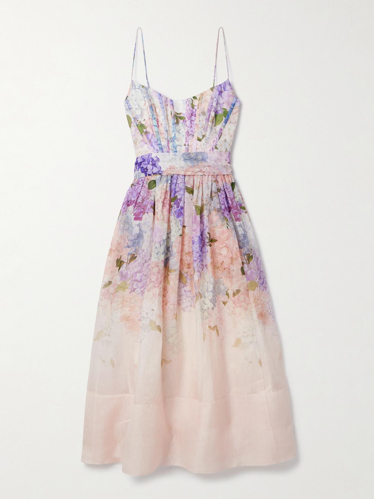 zimmermann dawning floral linen and silk midi dress Dawning linen and silk midi dress in pink - Zimmermann