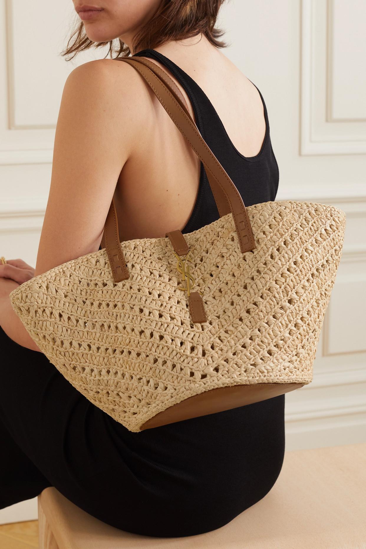 Uptown Leather Trimmed Raffia Clutch in Neutrals - Saint Laurent