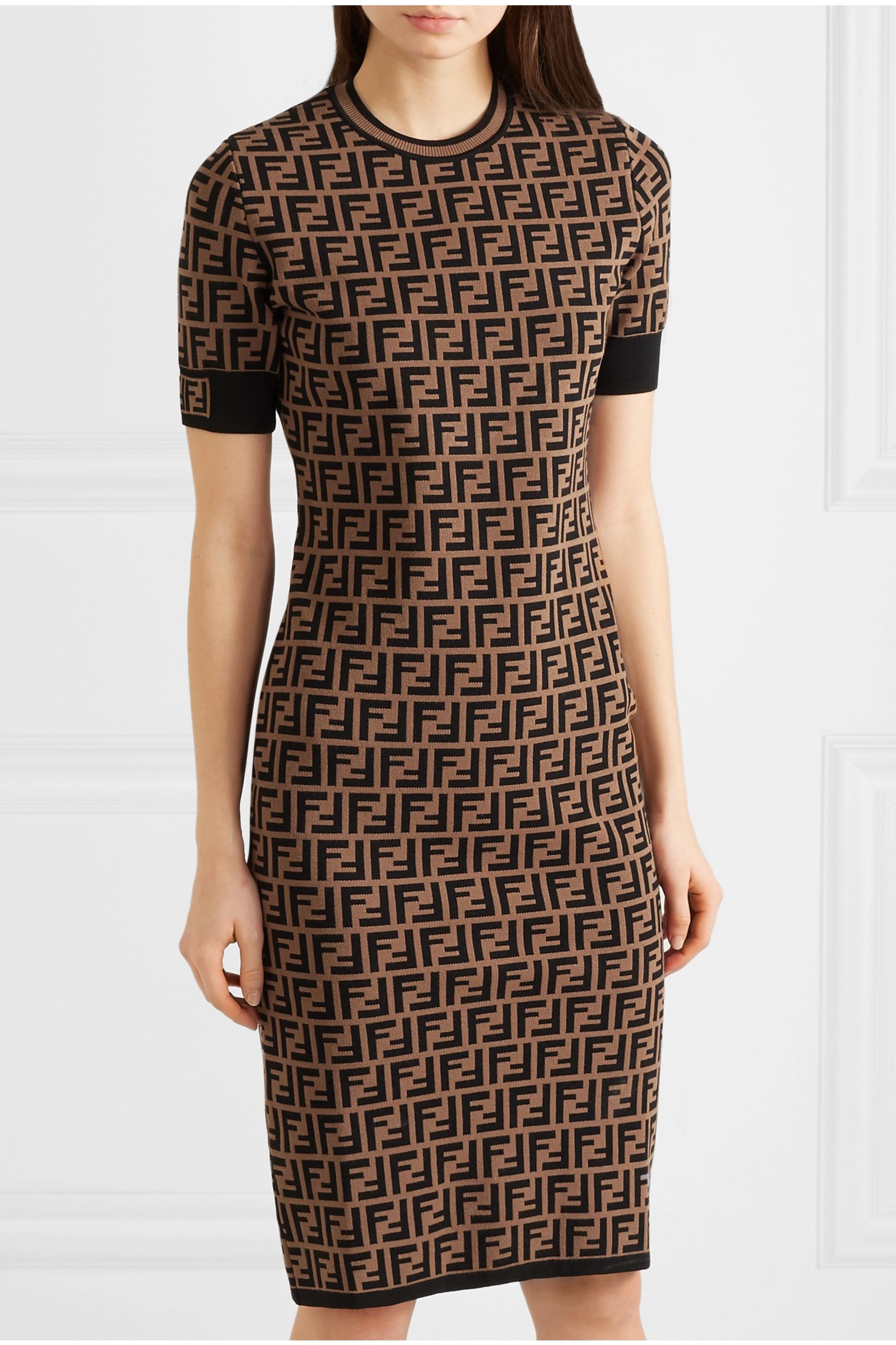 Fendi Ff Logo Print Fitted Dress in Brown | Lyst UK