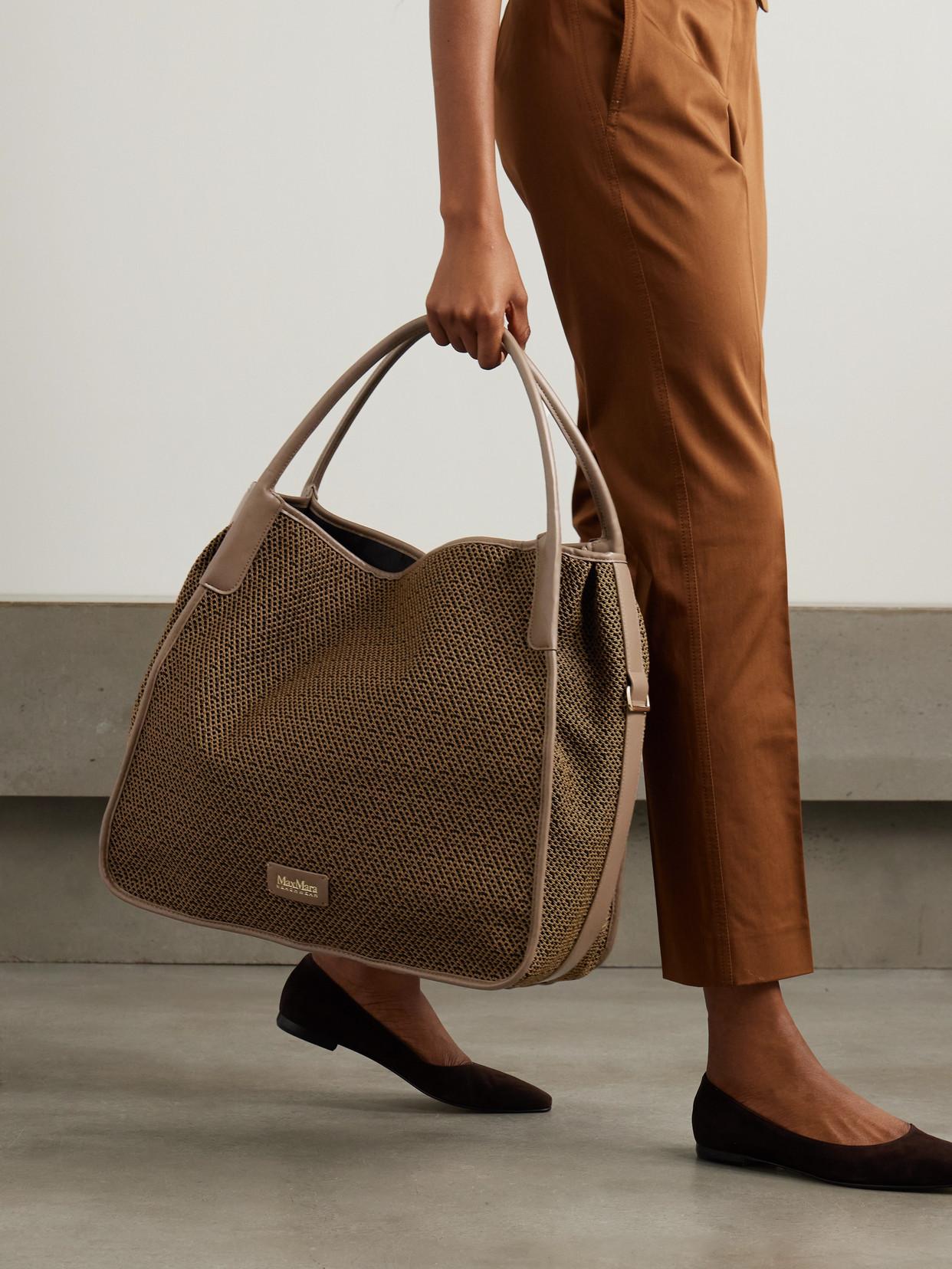 25SS new/Max Mara フレダフェイクラフィアトート Bag Brown Max Mara Freda Leather-Trimmed Faux Raffia Tote in Brown | Lyst