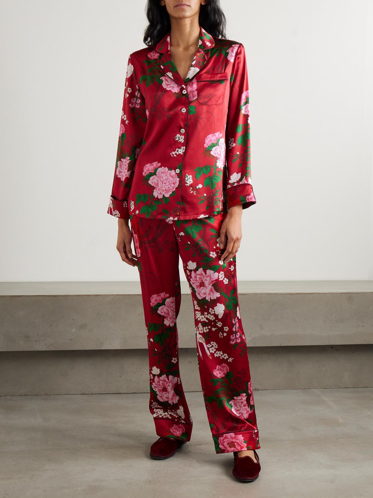 Olivia Von Halle Lila Floral-Print Silk-Satin Pajama Set in Red Lyst