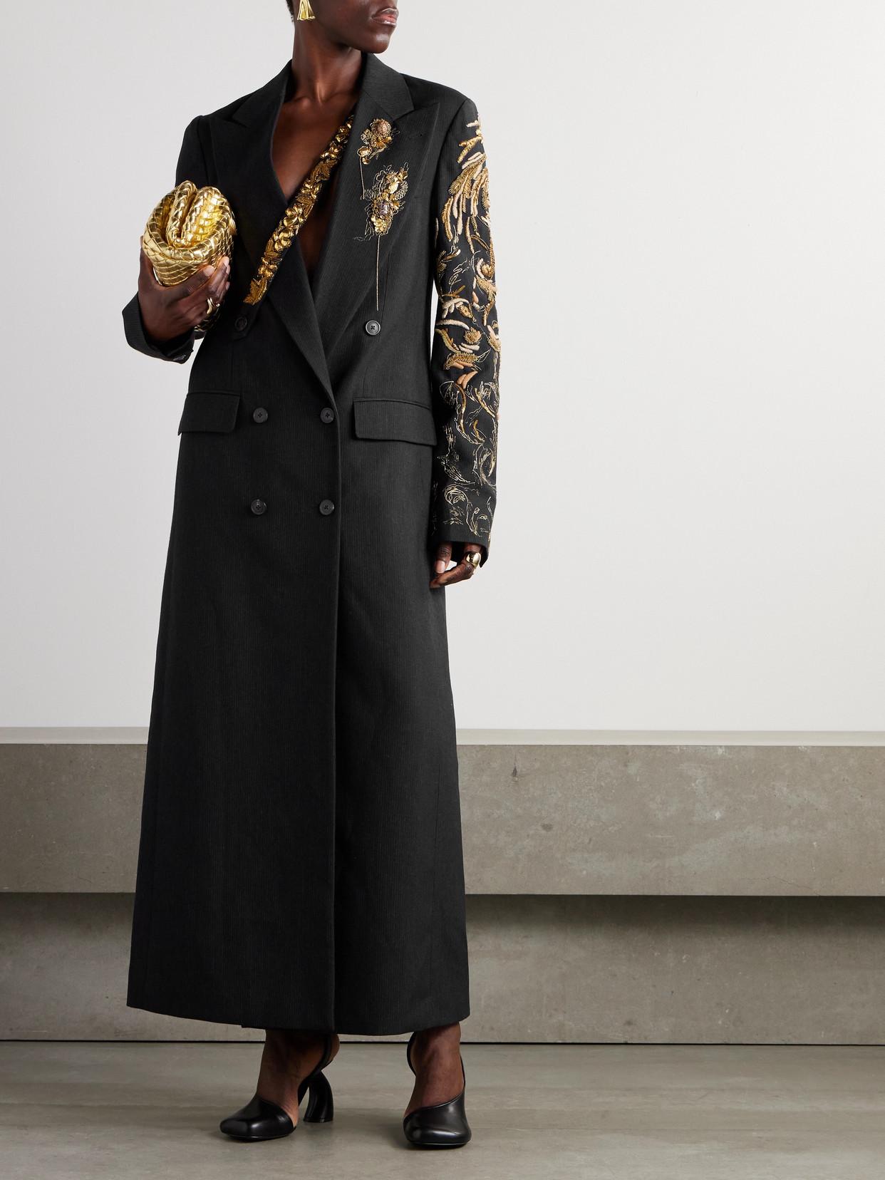 Dries Van Noten Double-Breasted Embellished Striped Wool And Linen 