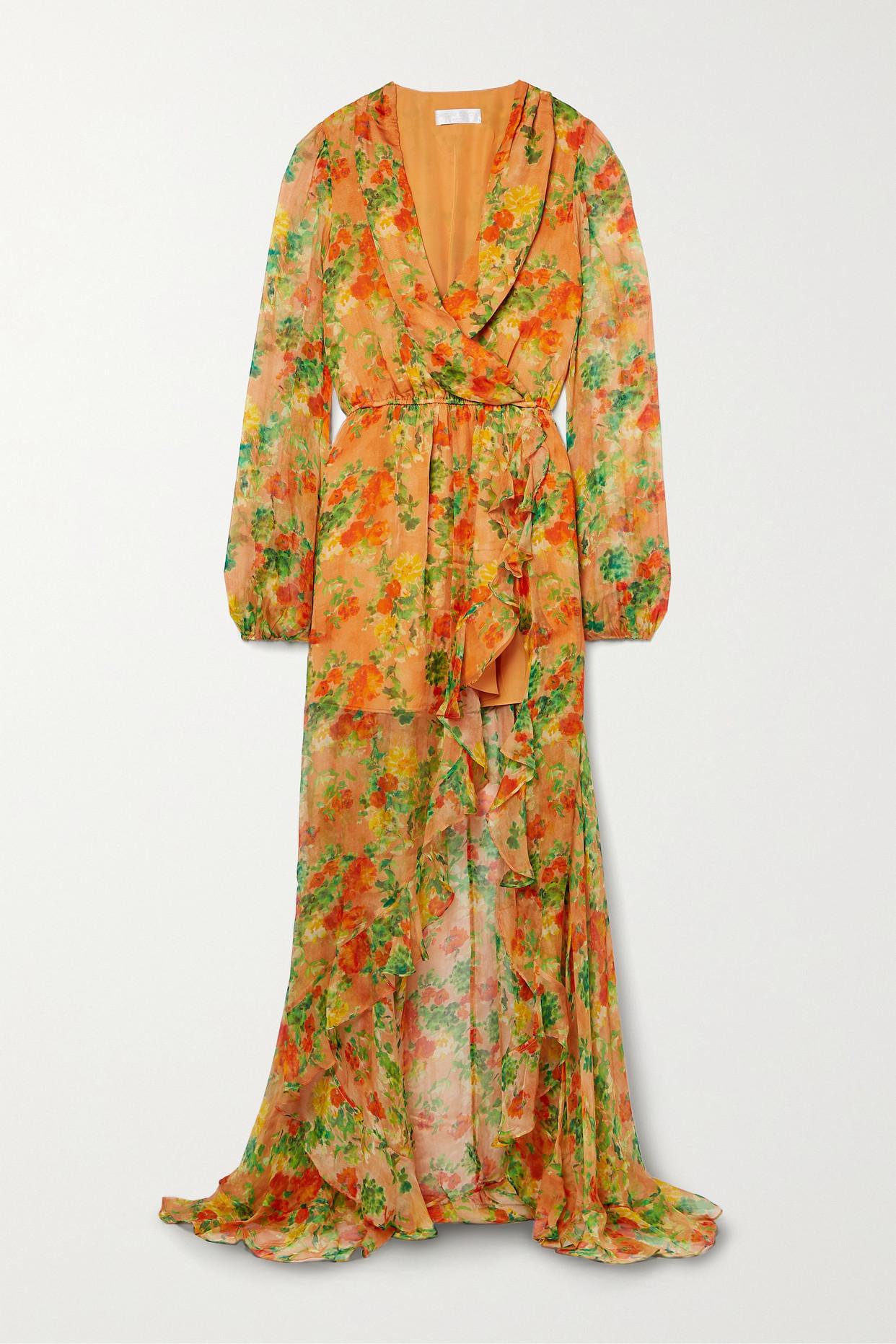 Caroline Constas Vivian Asymmetric Wrap-effect Ruffled Floral-print  Silk-chiffon Maxi Dress in Yellow | Lyst