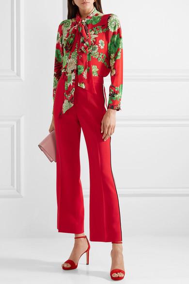 Gucci Floral-print Pussy Bow Silk-satin Blouse in Red | Lyst