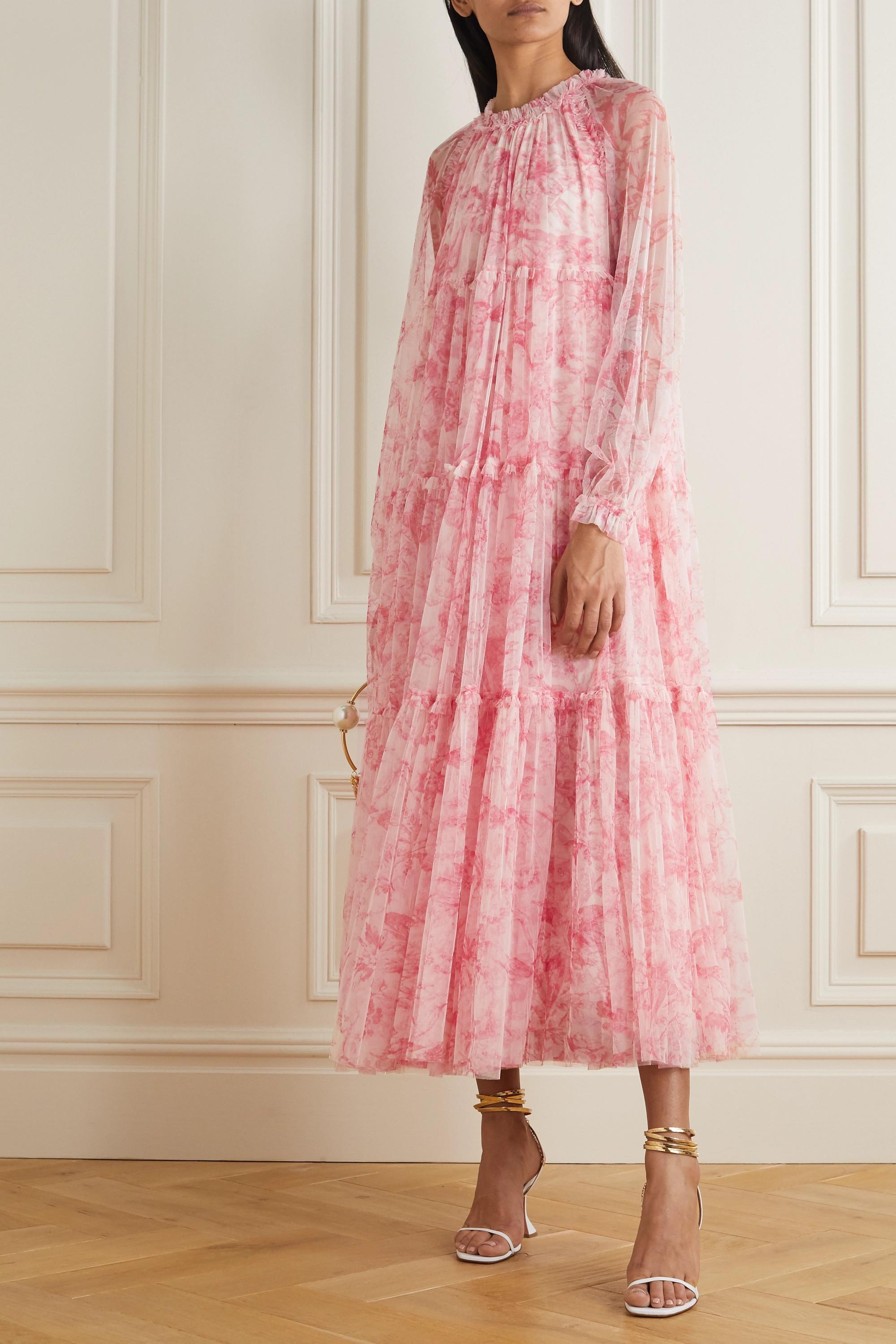 Needle Thread Toile De Jouy Tiered Ruffled Floral Print Tulle Maxi Dress In Pink Lyst