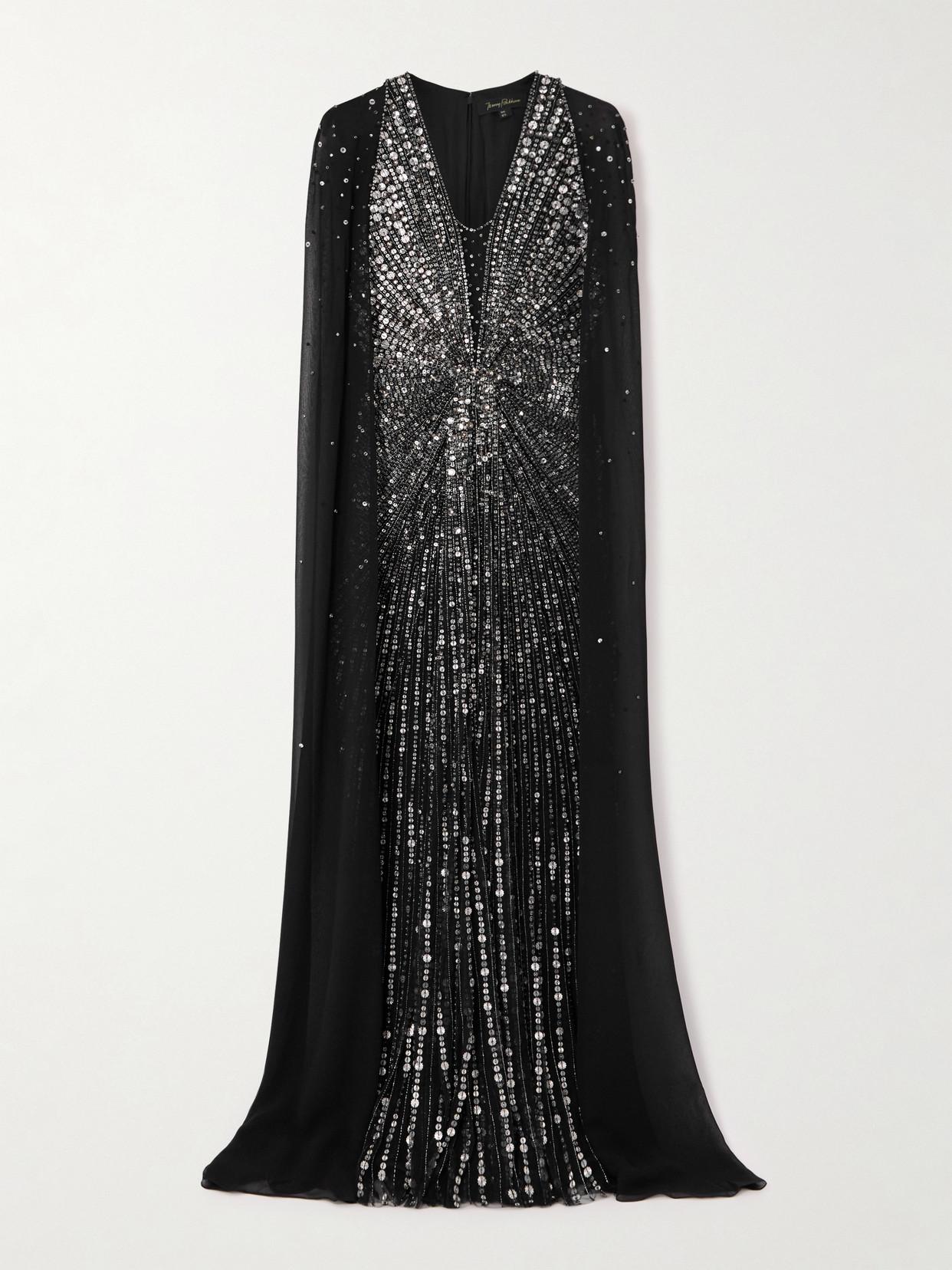 Jenny Packham Zenith Cape-Effect Embellished Chiffon Gown in Black | Lyst