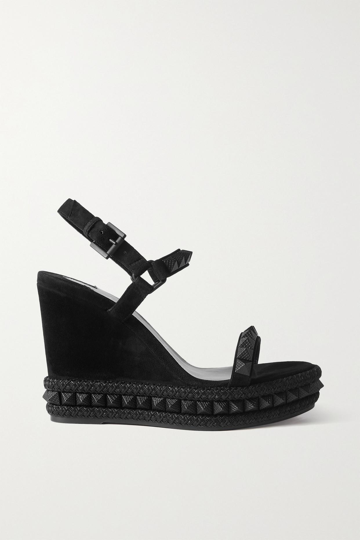 Christian Louboutin Pyraclou 110 Studded Velvet And Leather Wedge Sandals  in Black | Lyst