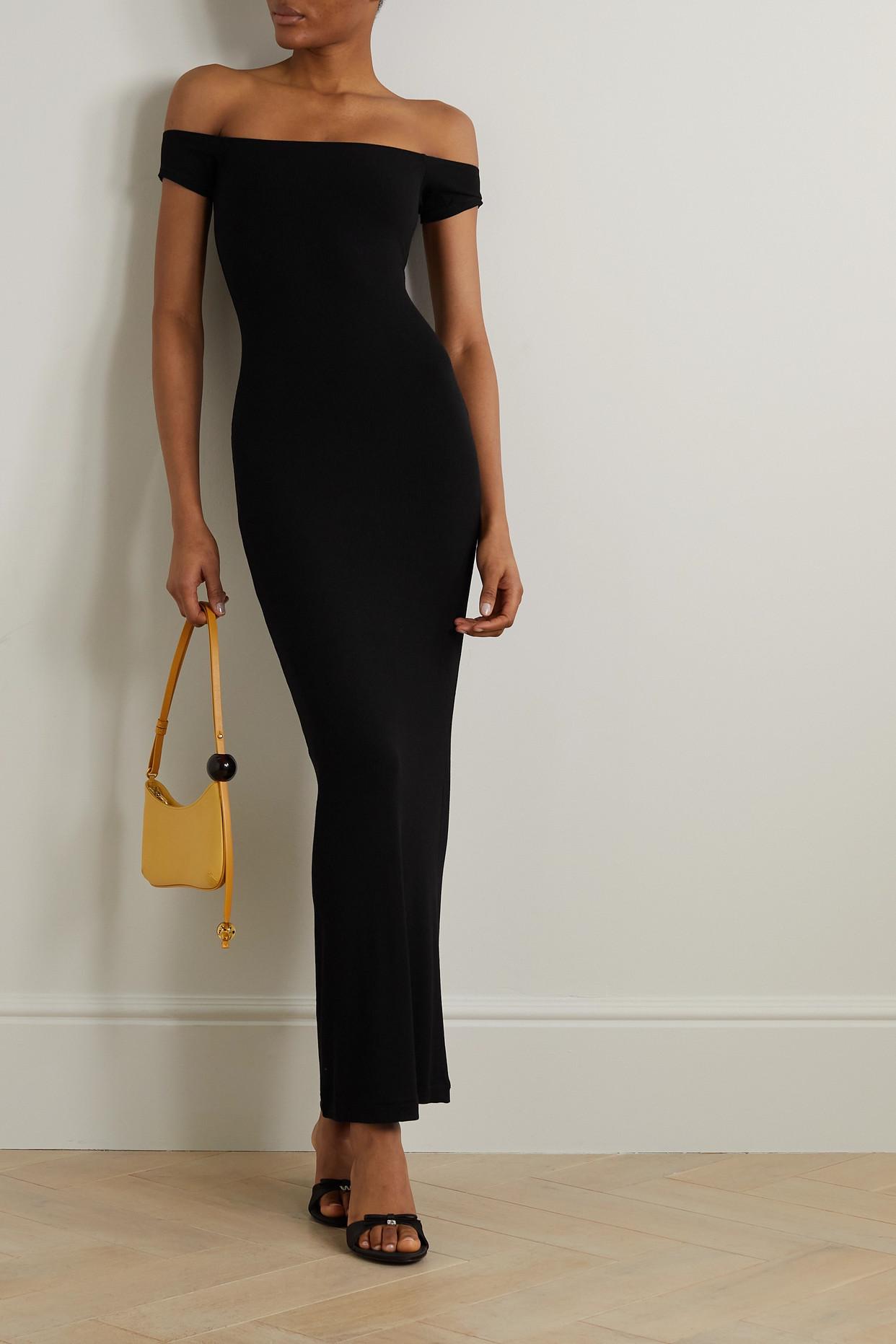 midi off the shoulder black dress Noelle Modal Off-Shoulder Ruched Midaxi Dress in Black