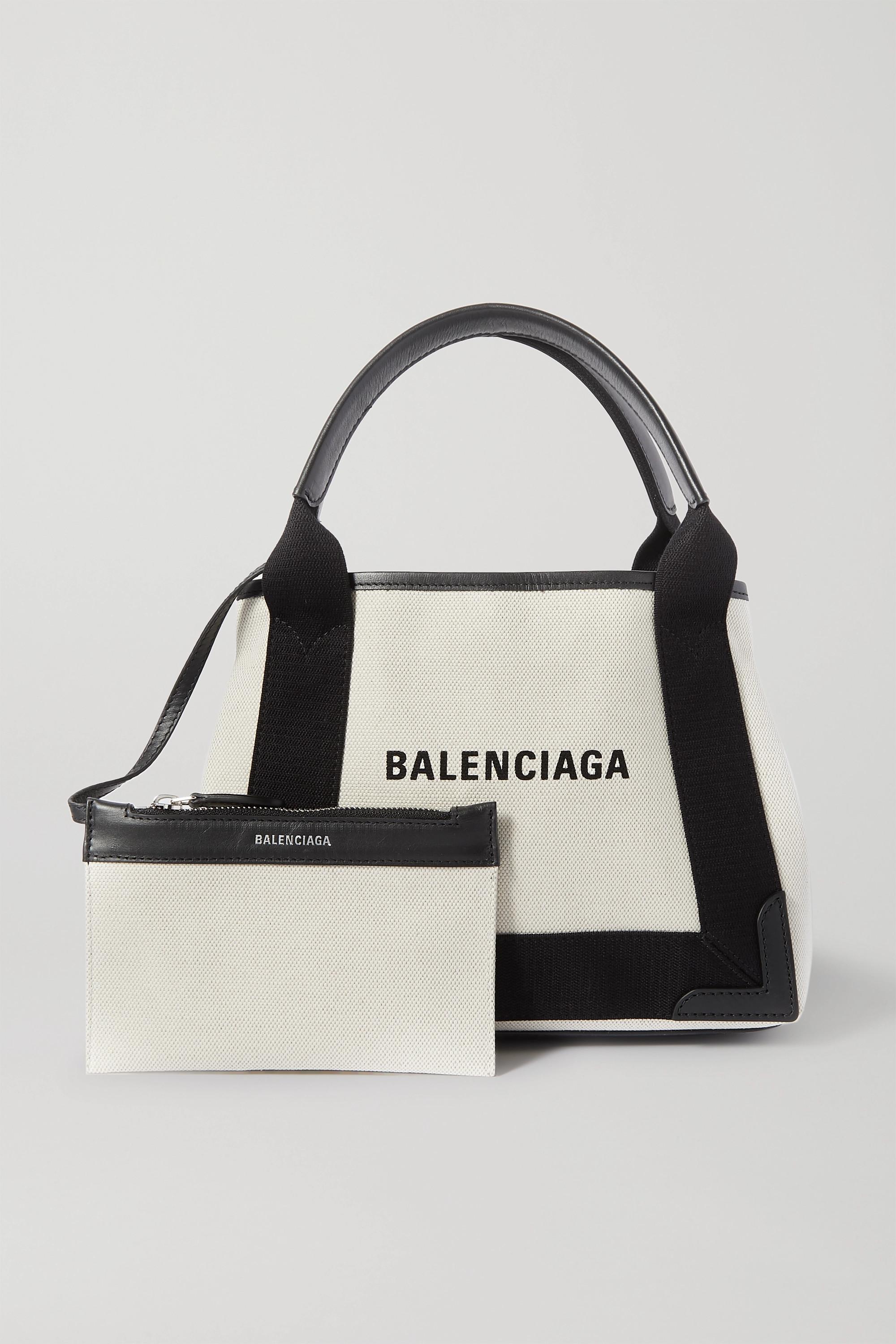 BALENCIAGA Navy Cabas small leather-trimmed printed canvas tote