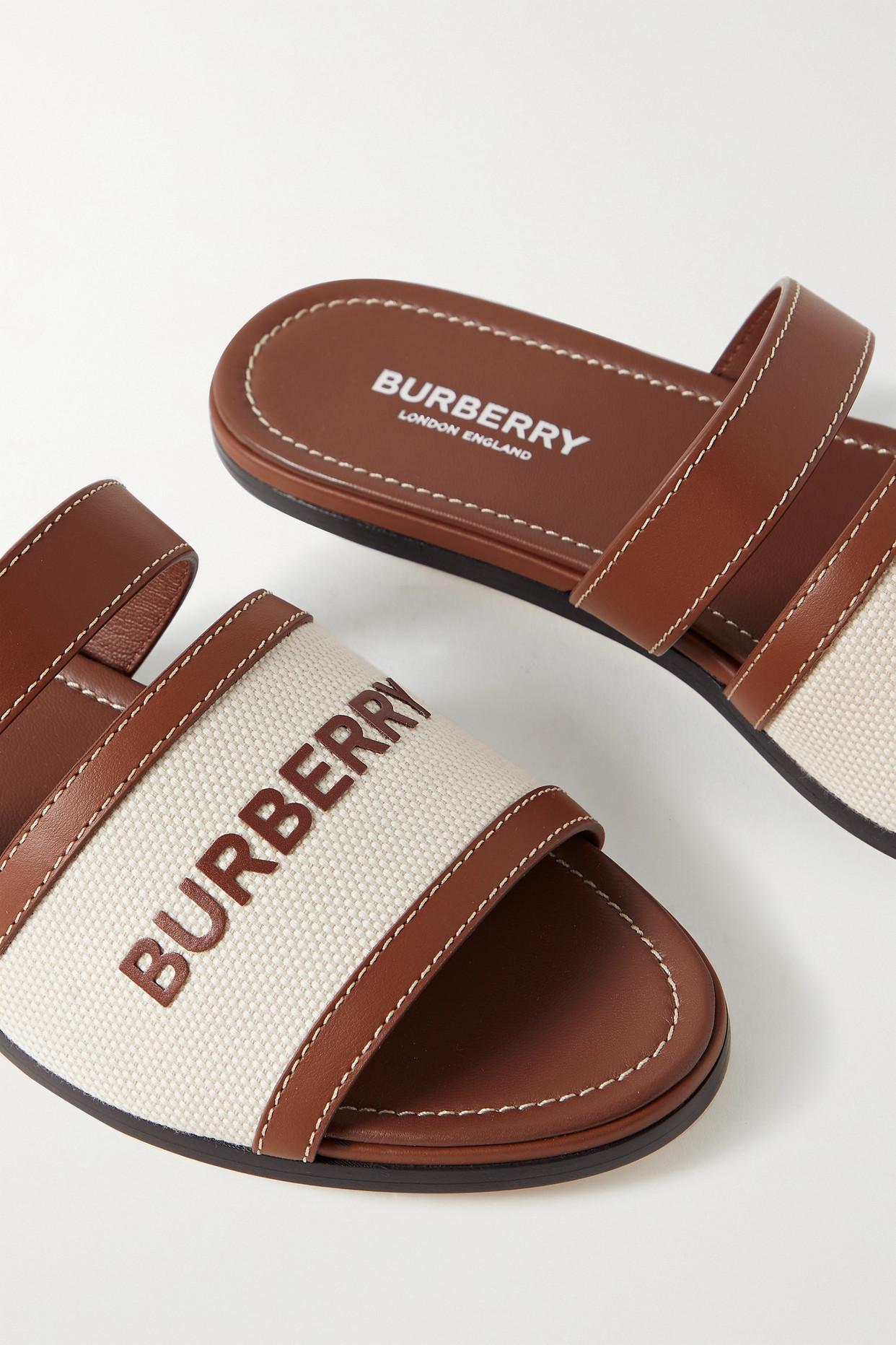 Burberry Logo-appliquéd Leather And Cotton-canvas Slides in 