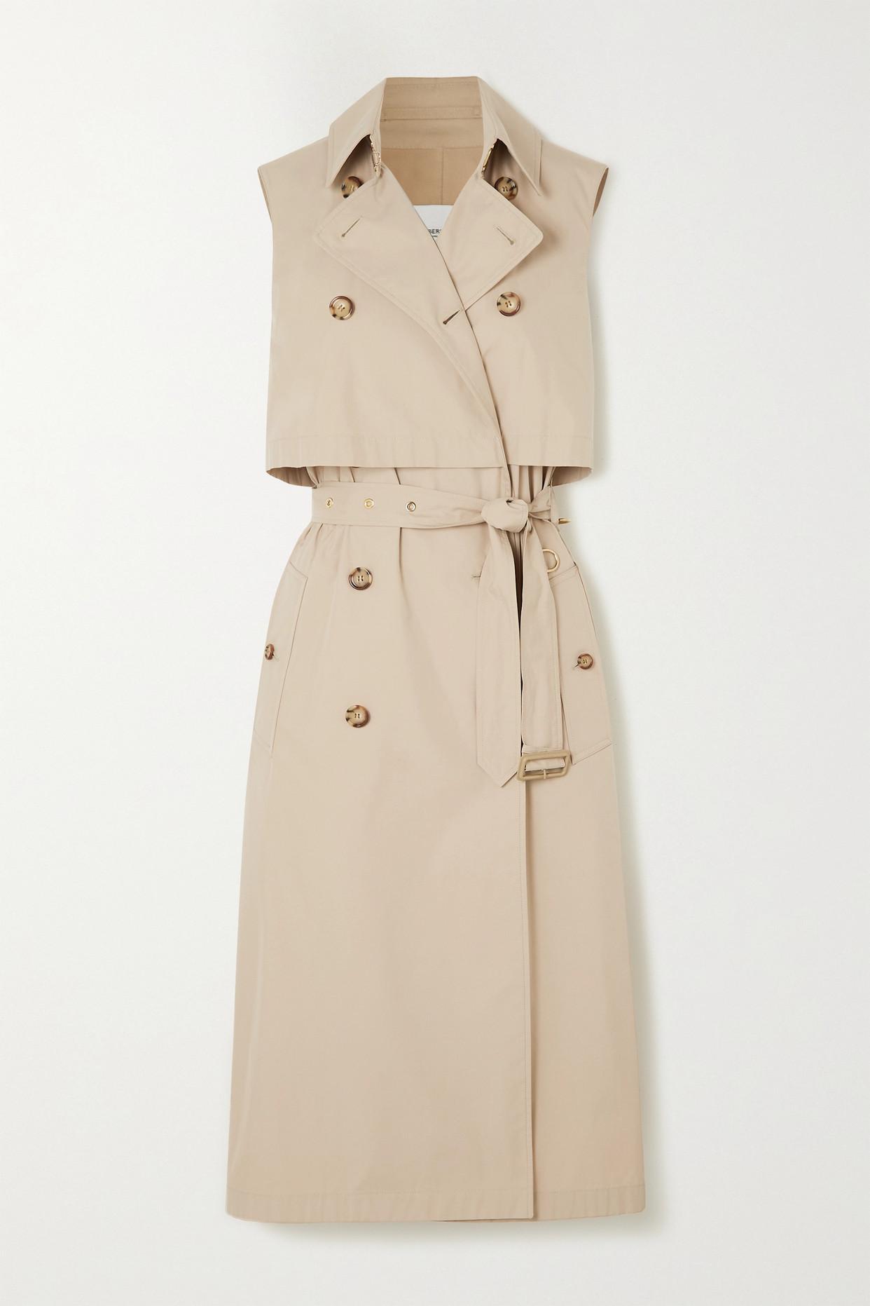 Burberry Belted Layered Double-breasted Cotton-blend Gabardine Midi Dress  in Natural | Lyst UK