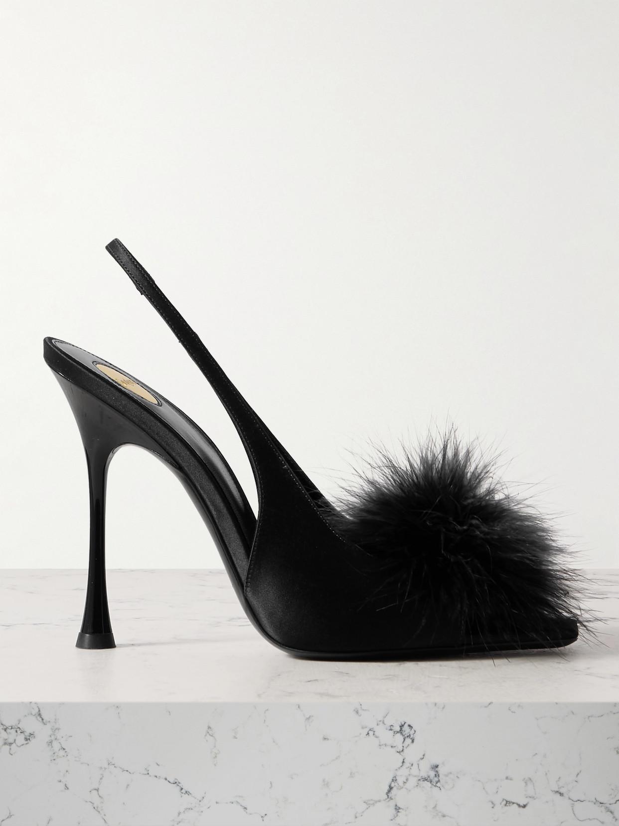 Saint Laurent Paradis Feather-Trimmed Satin Slingback Sandals in