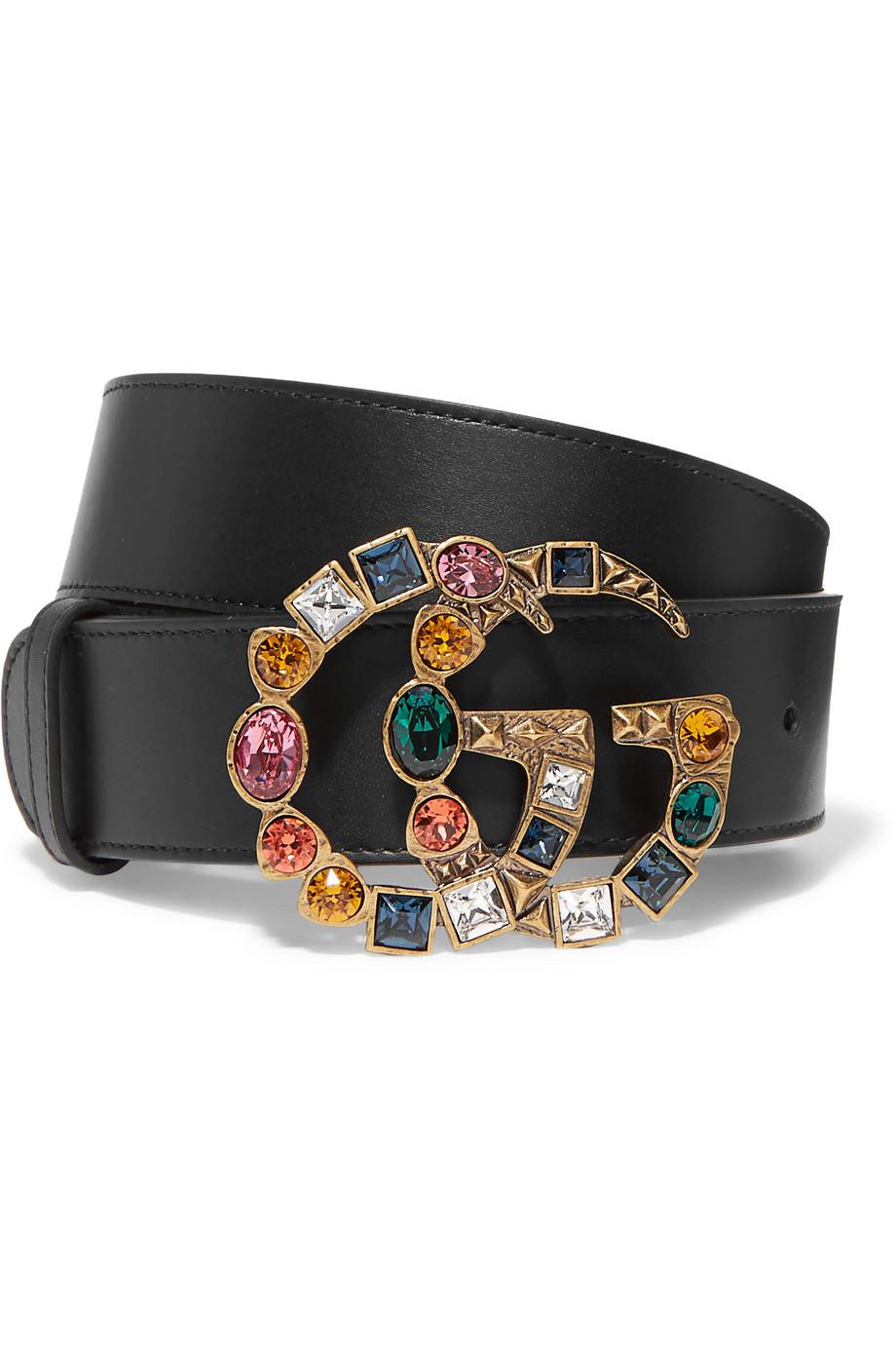 Double G Crystal Embellished Leather Belt in Black - Gucci