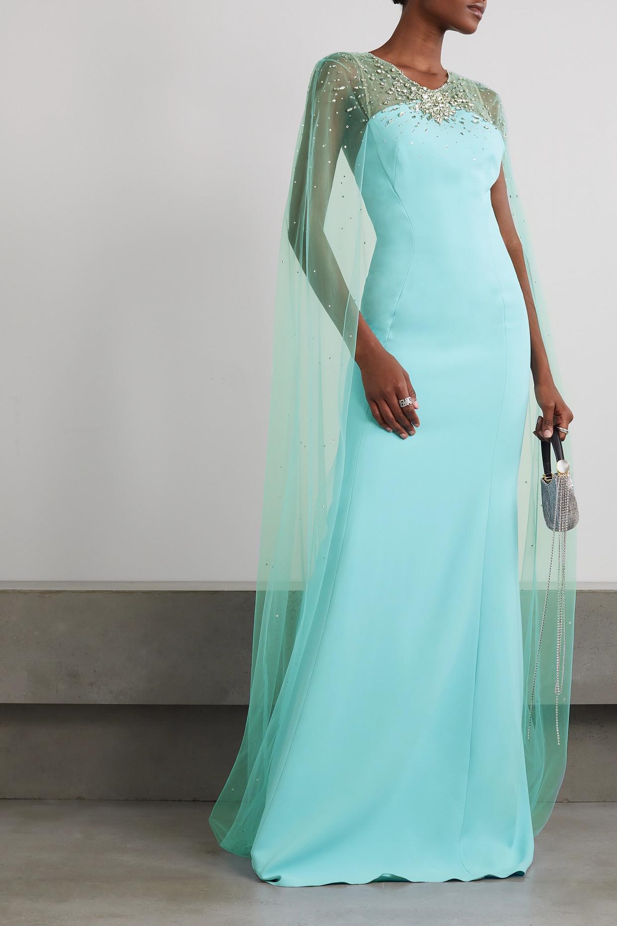 Jenny Packham Wren Cape-effect Crystal-embellished Tulle And Stretch-crepe  Gown in Blue | Lyst
