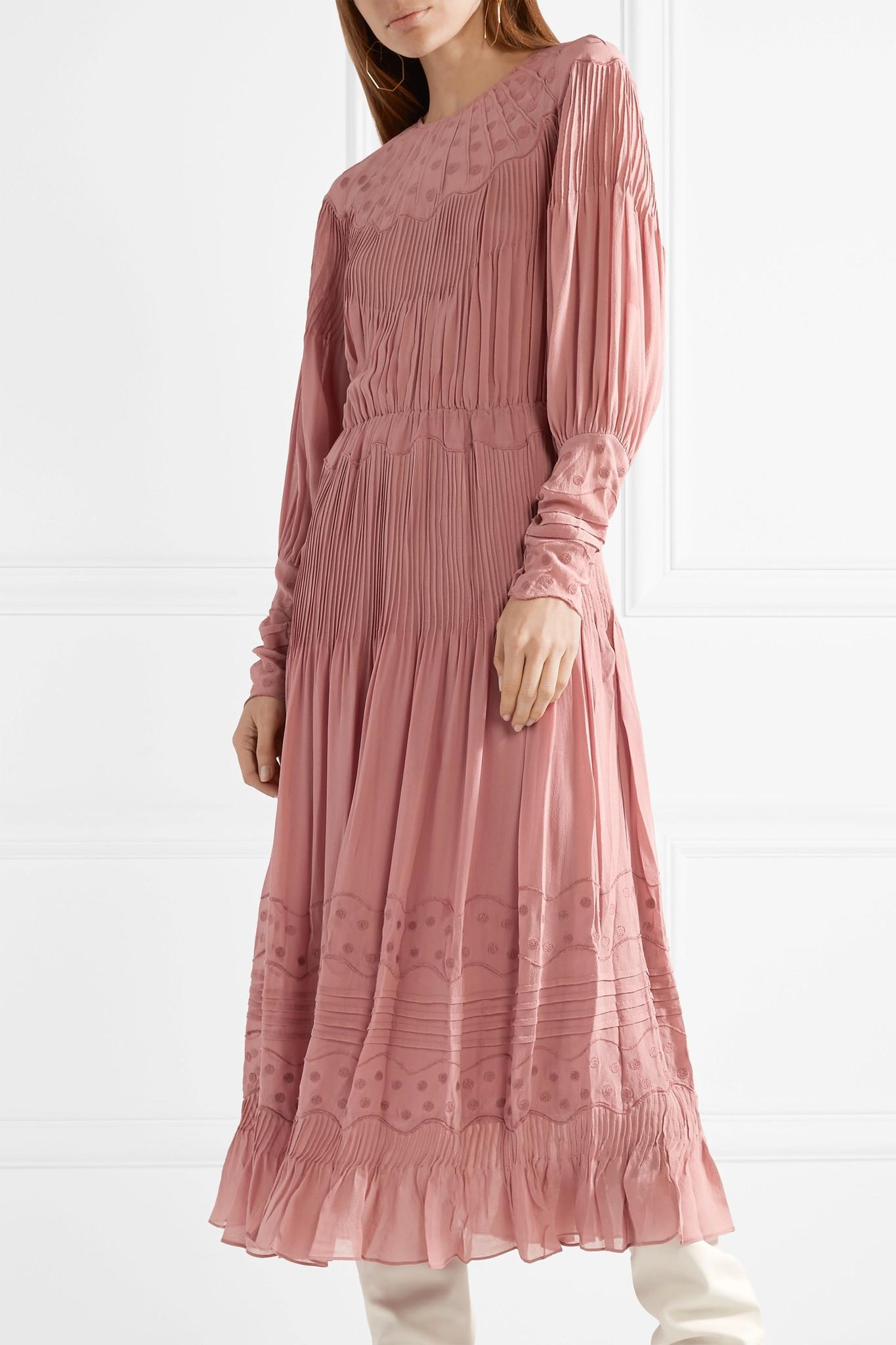 Ulla Johnson Francine Pintucked Embroidered Silk-chiffon Midi Dress in Antique Rose (Pink) - Lyst