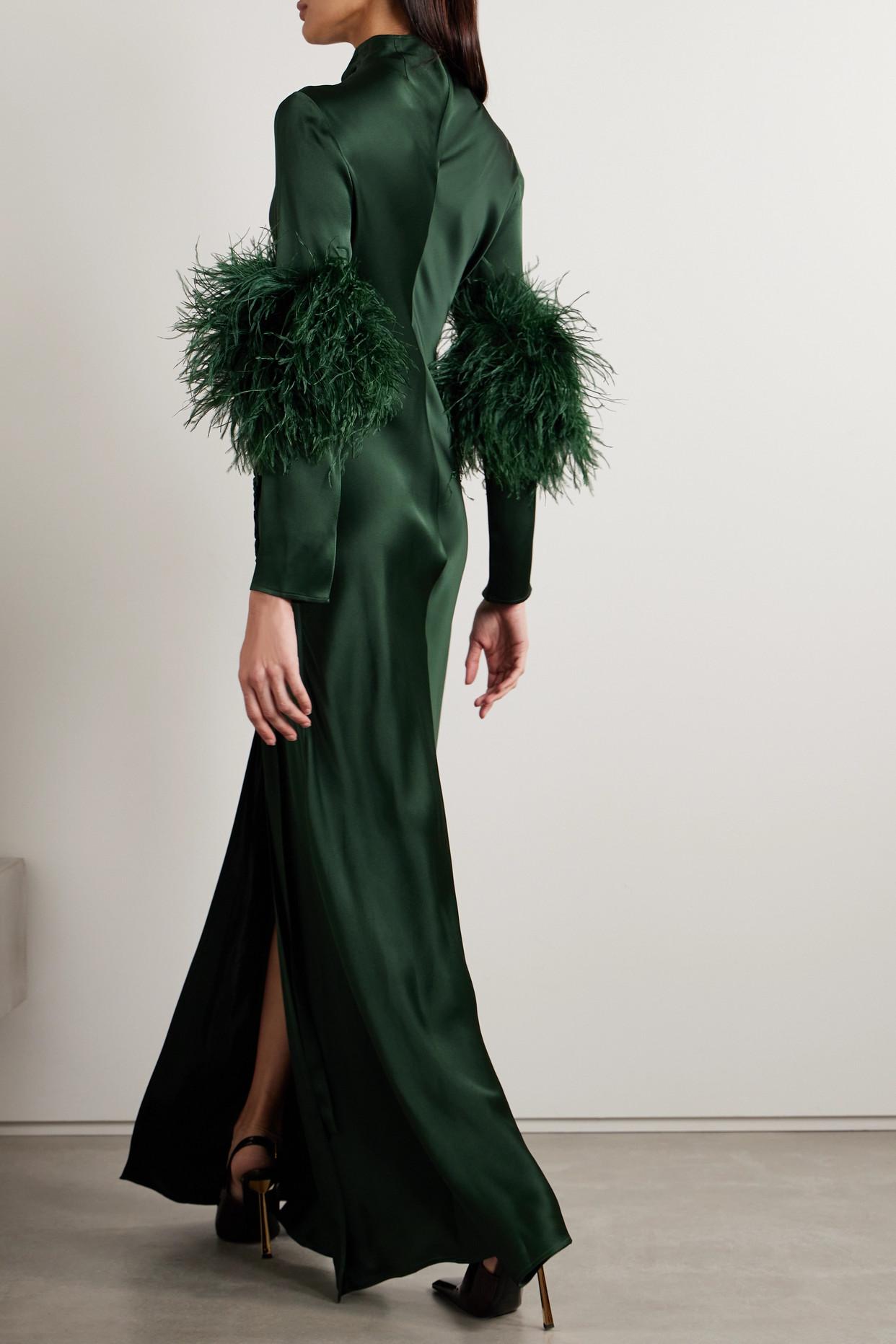 LAPOINTE Feather-trimmed Ruched Satin Gown in Green | Lyst