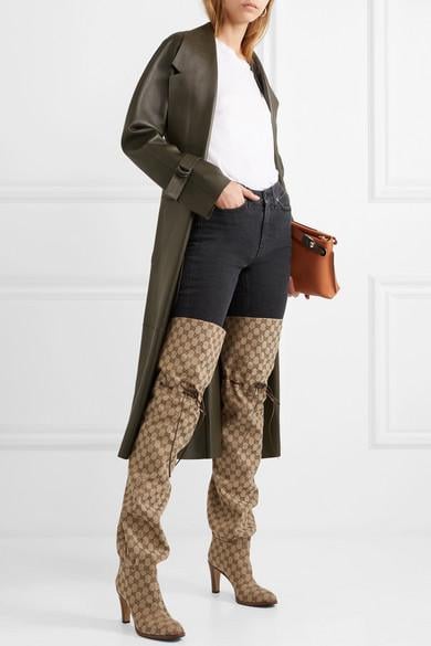 Gucci Leather-trimmed Logo-jacquard Over-the-knee Boots in Natural