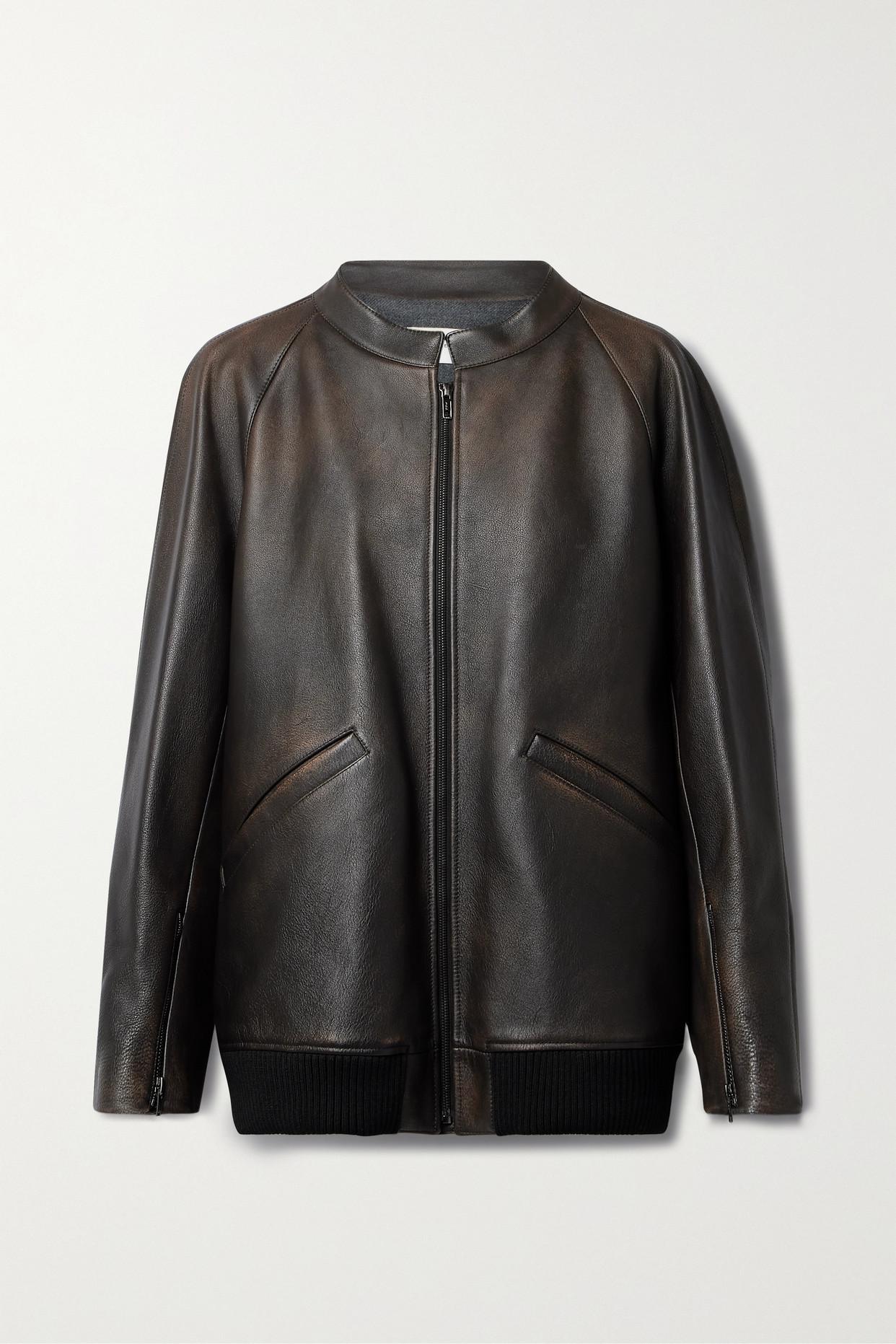 The Row Kengia Distressed Leather Bomber Jacket in Black Lyst