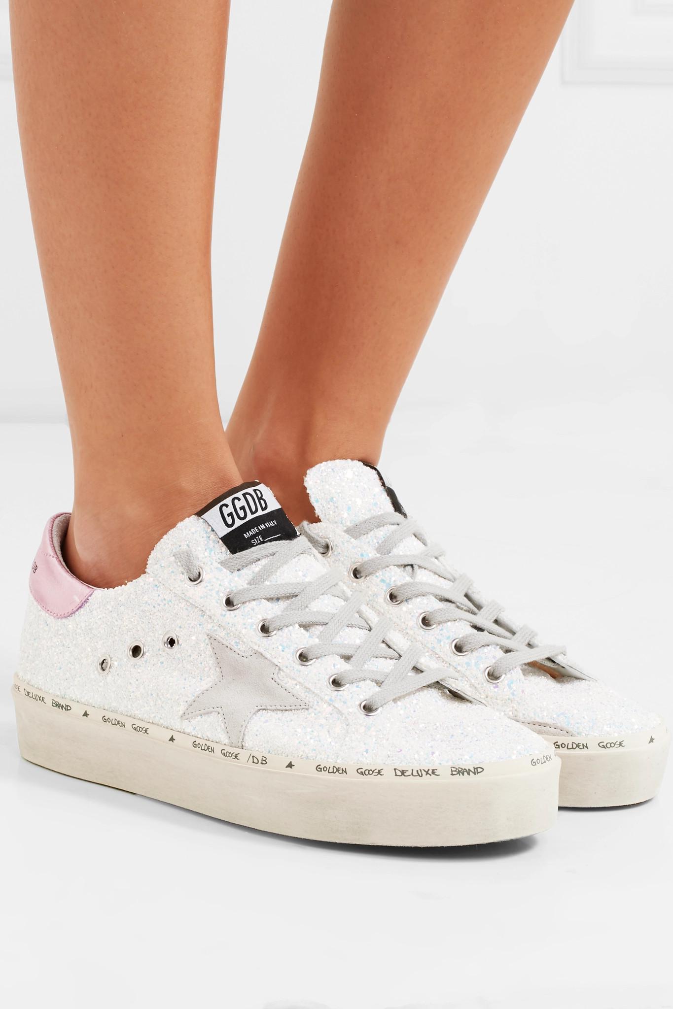 Golden Goose Hi Star Distressed Glittered Leather Sneakers in White | Lyst
