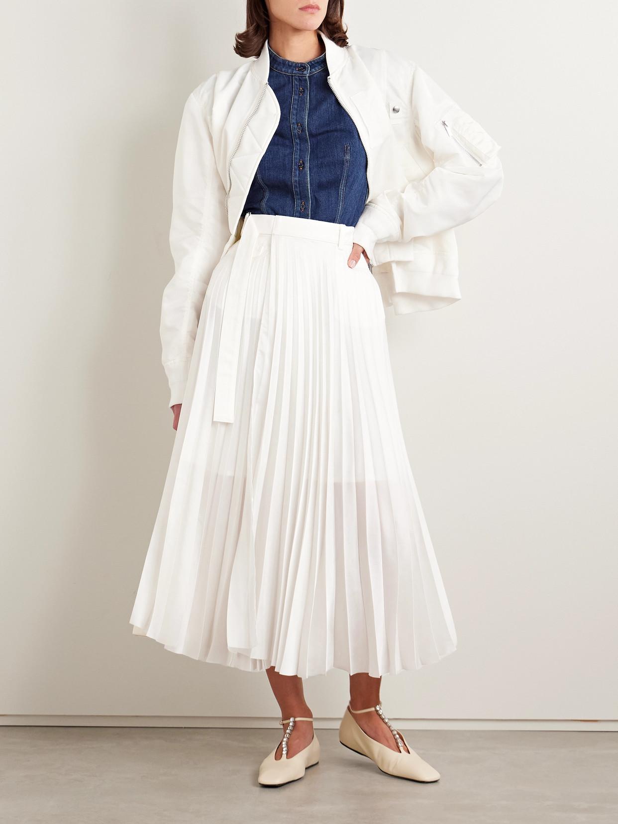 Sacai Belted Denim-Trimmed Pleated Satin Midi Wrap Skirt in White