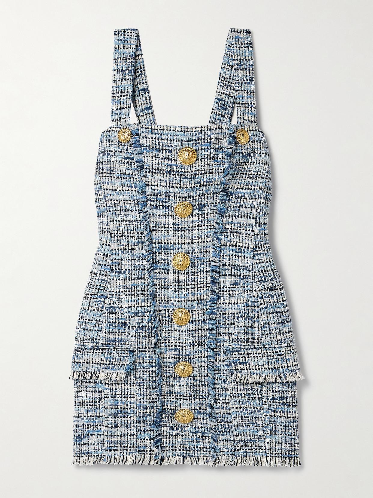 ワンピース BALMAIN Blue Dress with Frayed Details in Tweed Woman Balmain Balmain Blue Dress With Frayed Details In Tweed