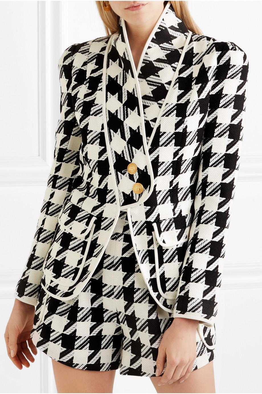 Balmain Belted Houndstooth Tweed Blazer 