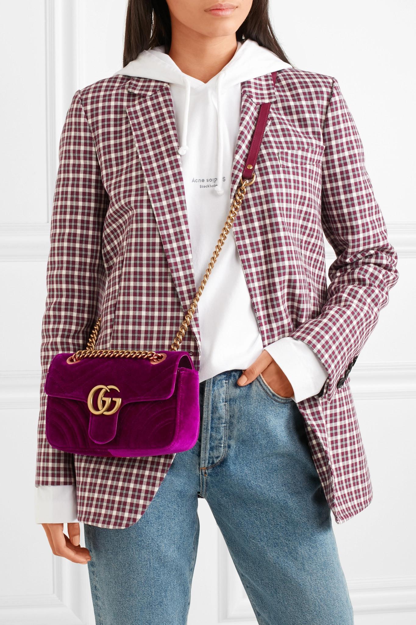 Gucci Gg Marmont Mini Quilted Velvet Shoulder Bag in Magenta (Purple) | Lyst